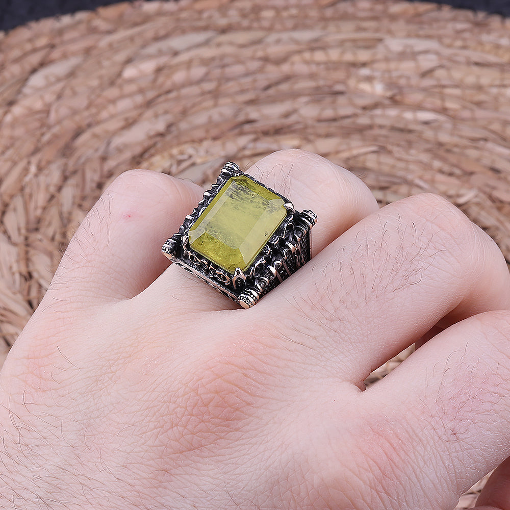 Sarı Paraiba Taşlı 925 Ayar Gümüş Erkek Yüzük