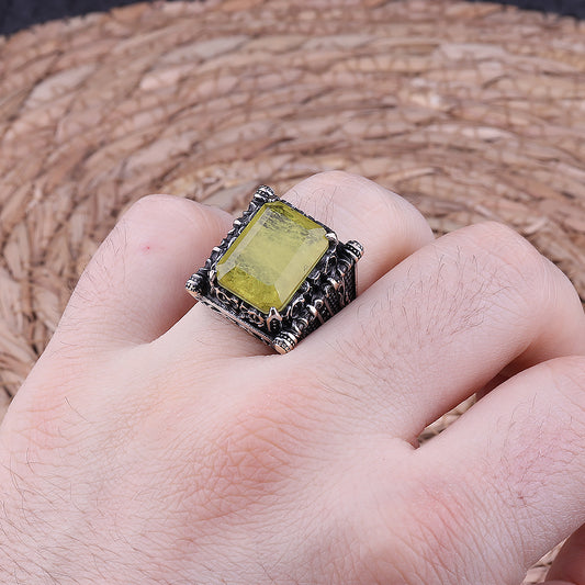 Sarı Paraiba Taşlı 925 Ayar Gümüş Erkek Yüzük