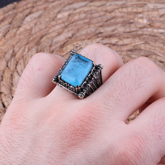 Mavi Paraiba Taşlı 925 Ayar Gümüş Erkek Yüzük