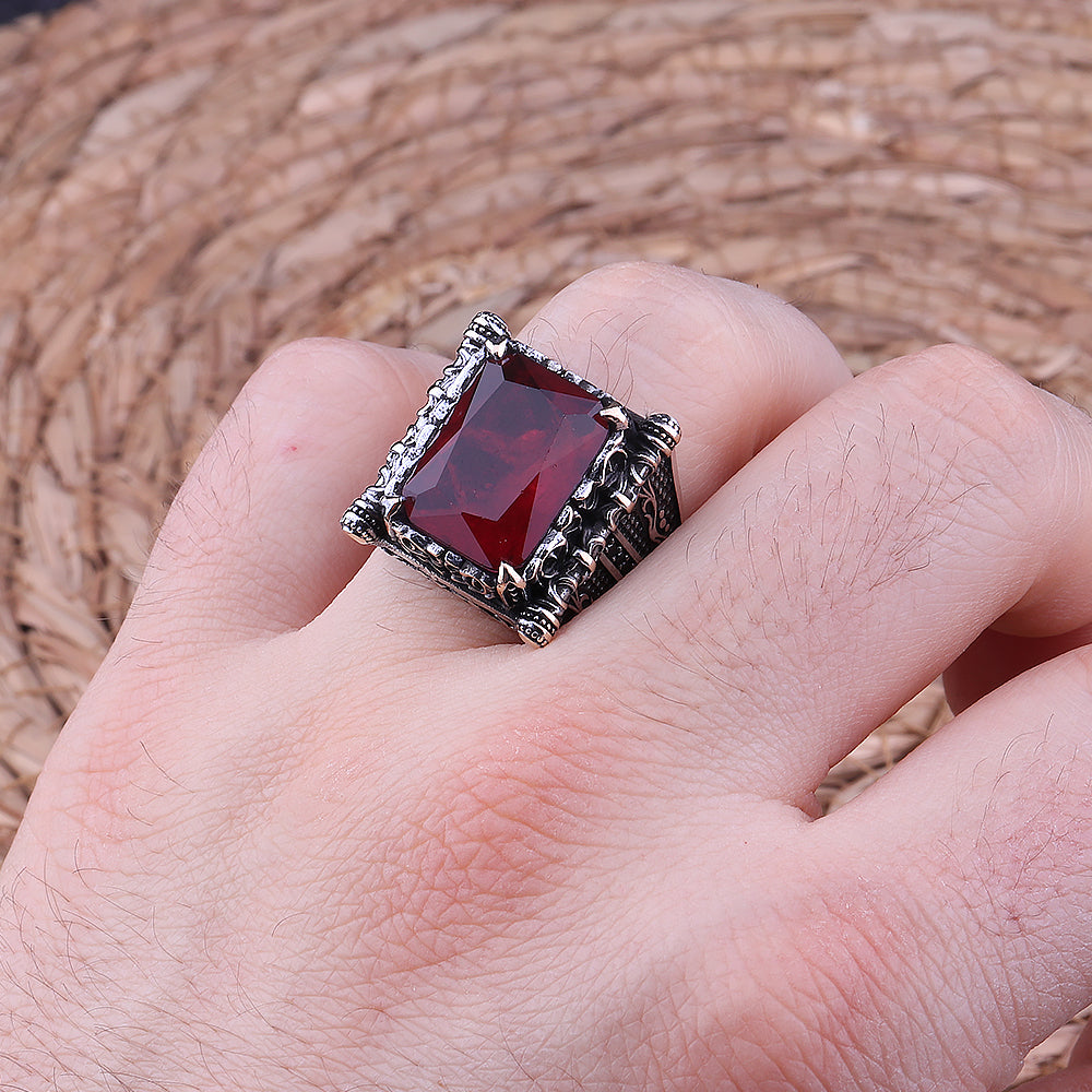 Kırmızı Paraiba Taşlı 925 Ayar Gümüş Erkek Yüzük