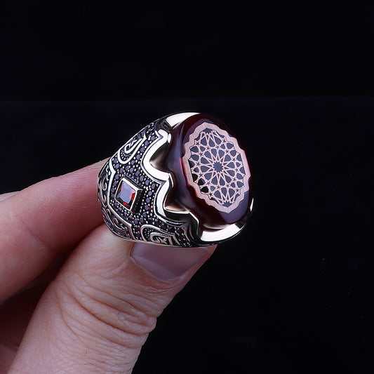 Osmanlı Motifli Kehribar Taşlı 925 Ayar Erkek Gümüş Yüzük