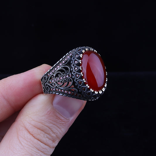 Kırmızı Akik Taşlı 925 Ayar Gümüş Erkek Yüzük