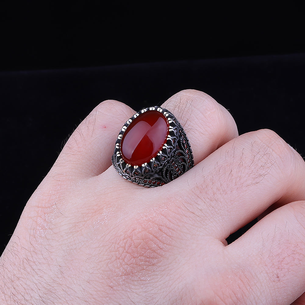 Kırmızı Akik Taşlı 925 Ayar Gümüş Erkek Yüzük