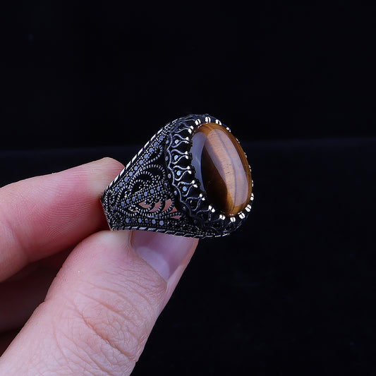 Kaplan Gözü Taşlı 925 Ayar Gümüş Erkek Yüzük