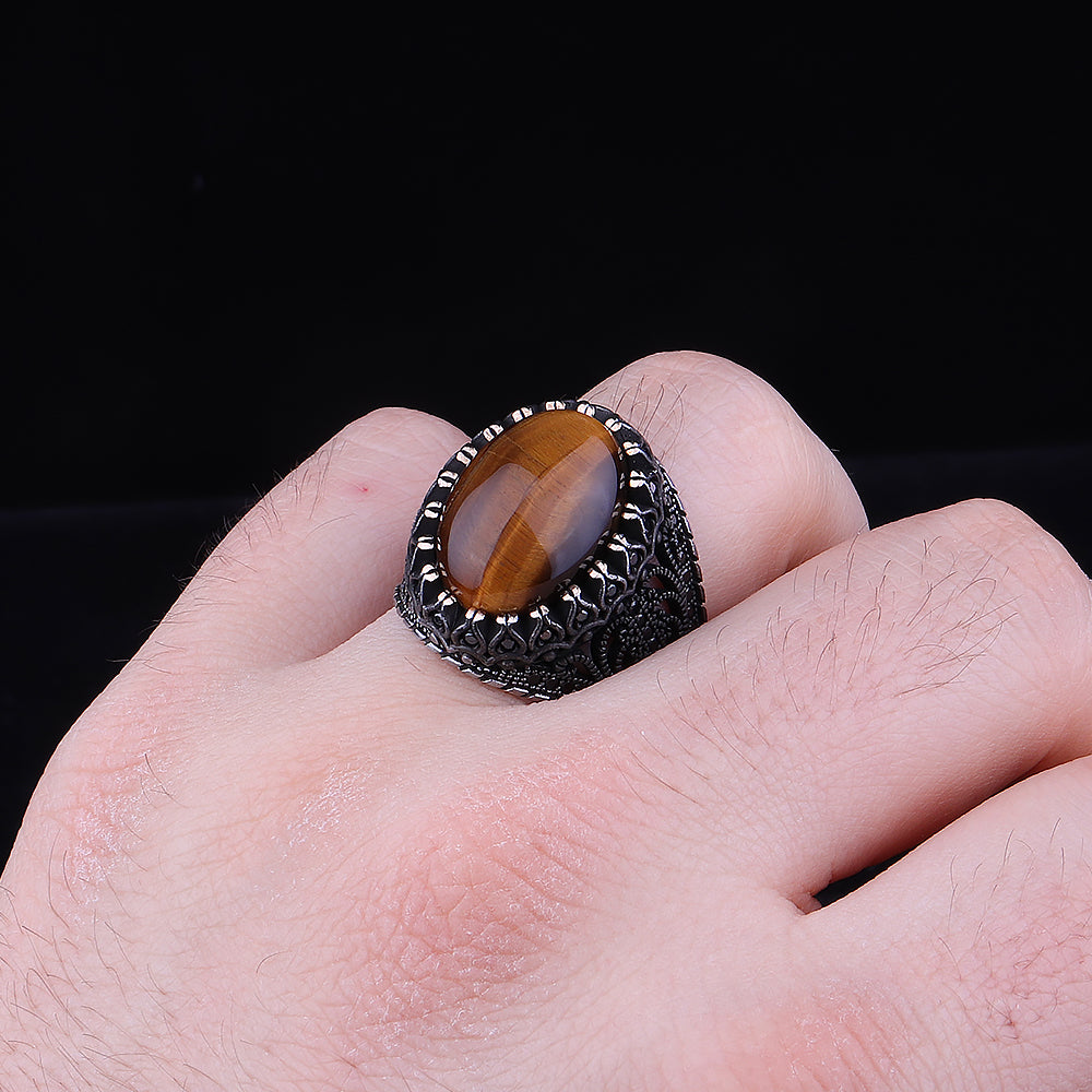 Kaplan Gözü Taşlı 925 Ayar Gümüş Erkek Yüzük