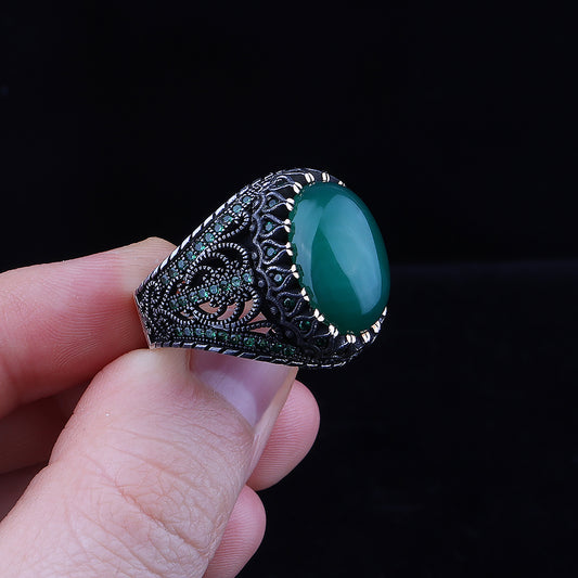 Yeşil Akik Taşlı 925 Ayar Gümüş Erkek Yüzük