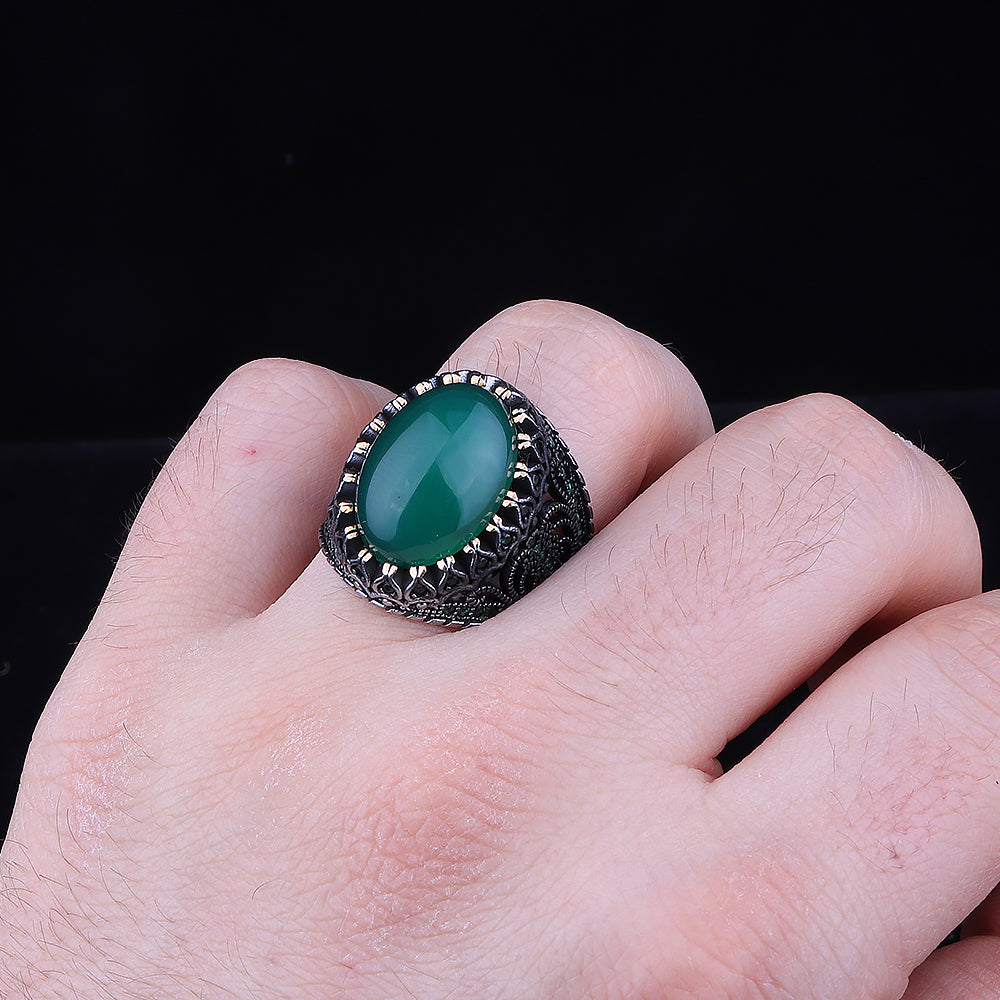 Yeşil Akik Taşlı 925 Ayar Gümüş Erkek Yüzük