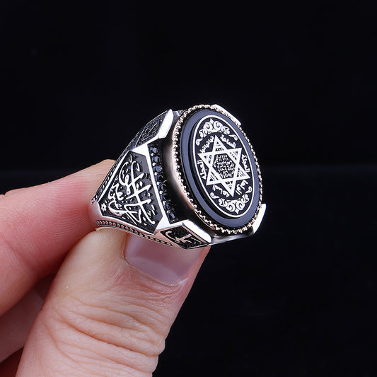 Süleyman Mührü İşlemeli Oniks Taşlı 925 Ayar Erkek Gümüş Yüzük