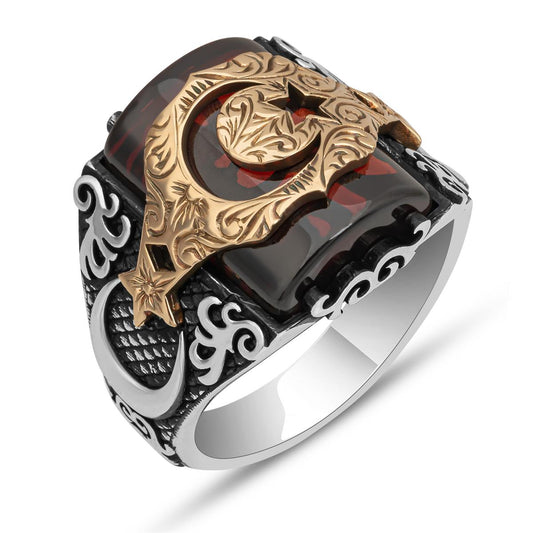 Kalem İşleme Ay Yıldızlı Zirkon Taşlı 925 Ayar Gümüş Erkek Yüzük