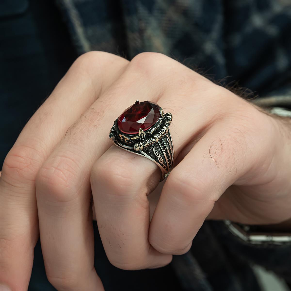 Bordo Paraiba Taşlı 925 Ayar Gümüş Erkek Yüzük