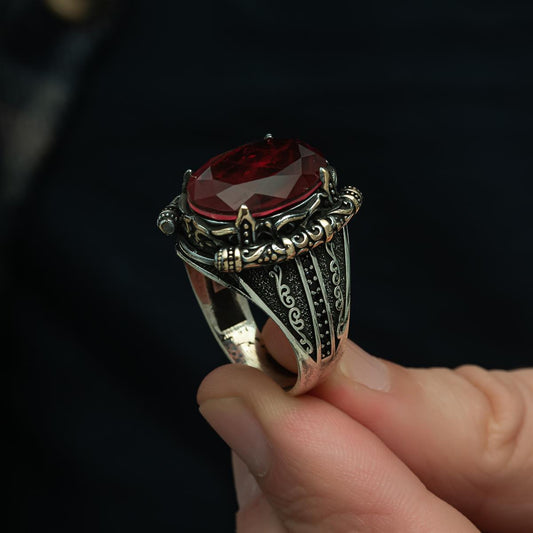 Bordo Paraiba Taşlı 925 Ayar Gümüş Erkek Yüzük