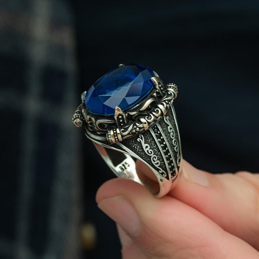 Lacivert Paraiba Taşlı 925 Ayar Gümüş Erkek Yüzük