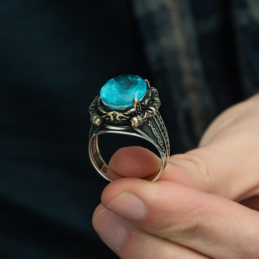 Mavi Paraiba Taşlı 925 Ayar Gümüş Erkek Yüzük