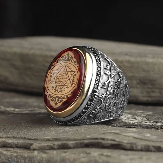 Mührü Süleyman İşlemeli Kehribar Taşlı 925 Ayar Gümüş Erkek Yüzük