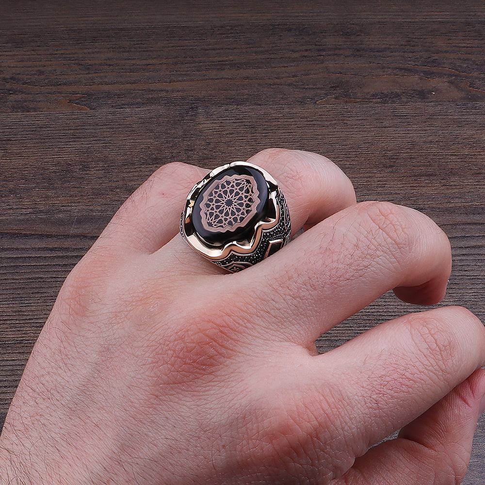 Osmanlı Motifli Siyah Kehribar Taşlı 925 Ayar Erkek Gümüş Yüzük