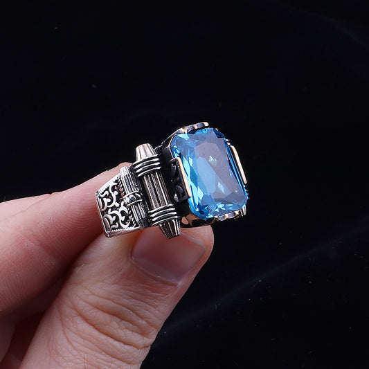 Aqua Taşlı 925 Ayar Gümüş Erkek Yüzük