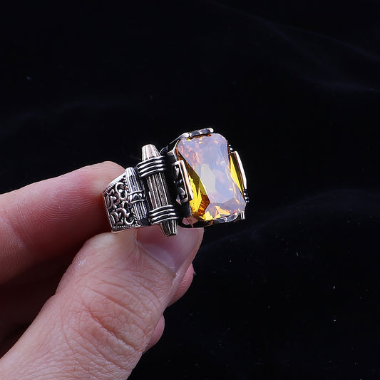 Sitrin Taşlı 925 Ayar Gümüş Erkek Yüzük