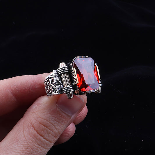 Kırmızı Zirkon Taşlı 925 Ayar Gümüş Erkek Yüzük