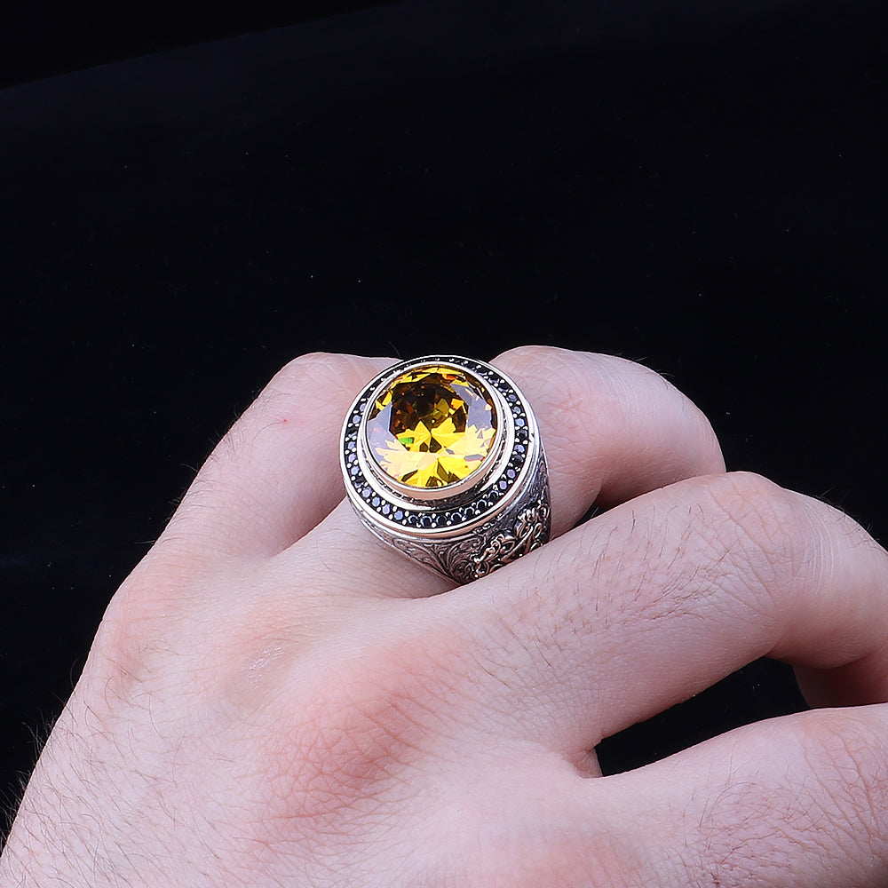 Kalem İşleme Sitrin Taşlı 925 Ayar Erkek Gümüş Yüzük