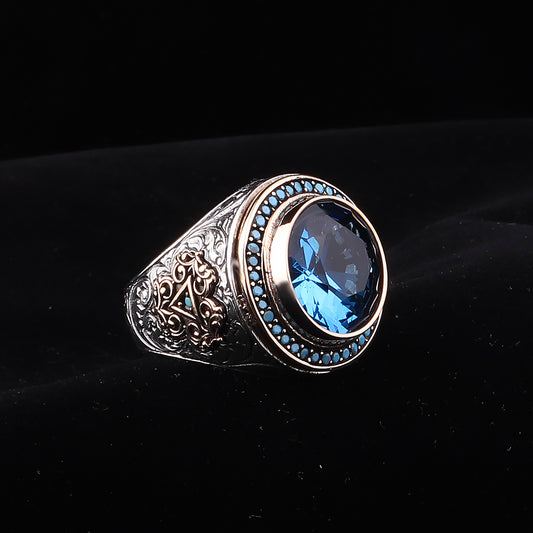 Kalem İşleme Aqua Taşlı 925 Ayar Erkek Gümüş Yüzük