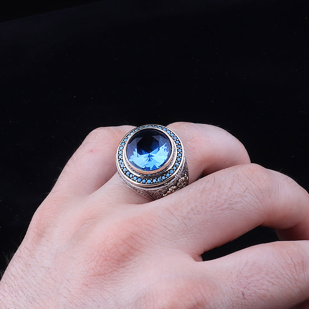 Kalem İşleme Aqua Taşlı 925 Ayar Erkek Gümüş Yüzük