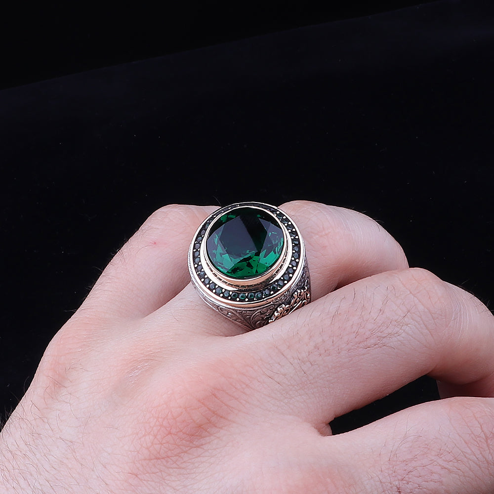 Kalem İşleme Yeşil Taşlı 925 Ayar Erkek Gümüş Yüzük