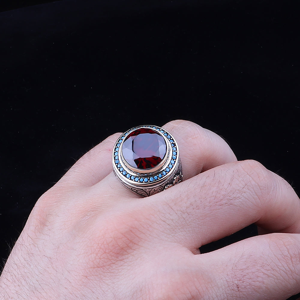 Kalem İşleme Kırmızı Taşlı 925 Ayar Erkek Gümüş Yüzük