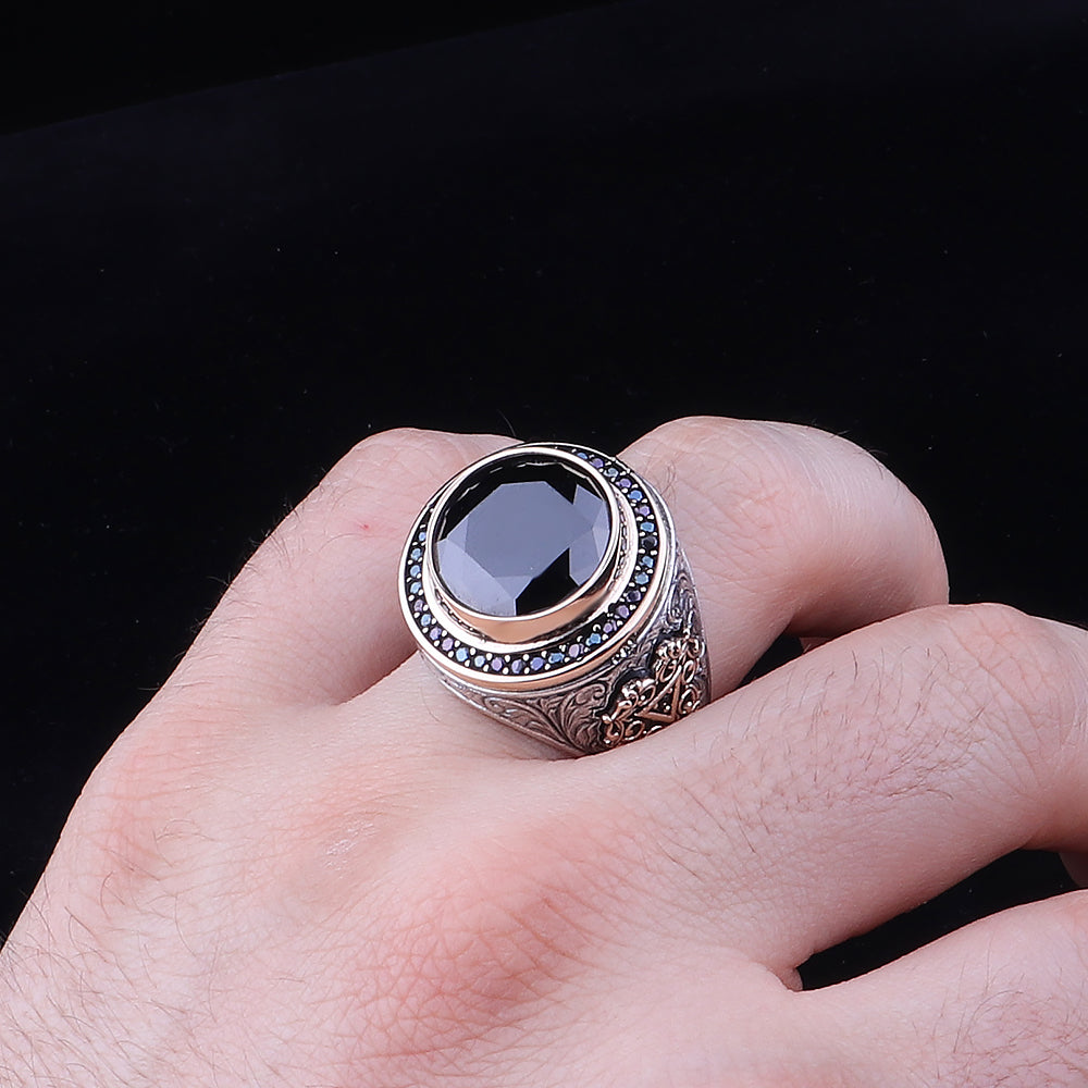 Kalem İşleme Zirkon Taşlı 925 Ayar Erkek Gümüş Yüzük