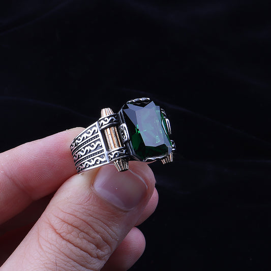 Yeşil Zirkon Taşlı 925 Ayar Gümüş Erkek Yüzük