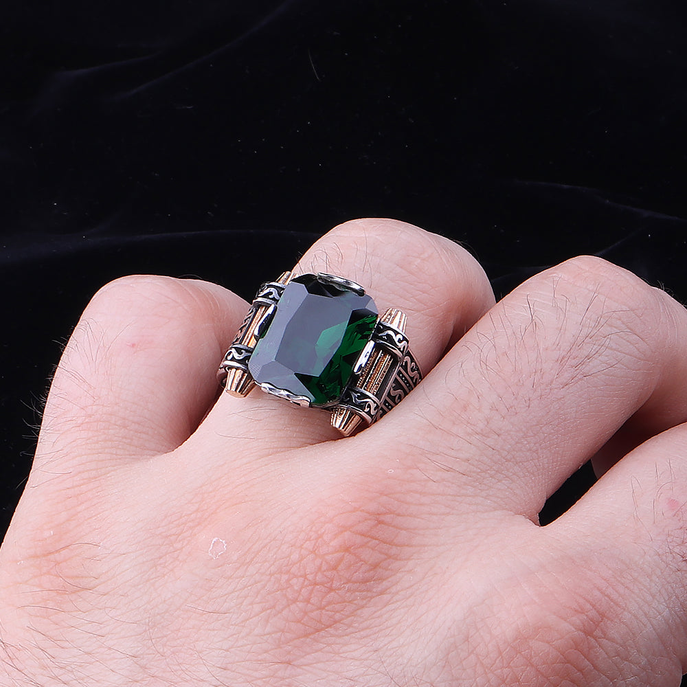 Yeşil Zirkon Taşlı 925 Ayar Gümüş Erkek Yüzük