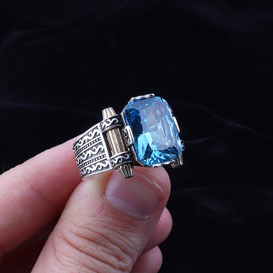 Aqua Taşlı 925 Ayar Gümüş Erkek Yüzük