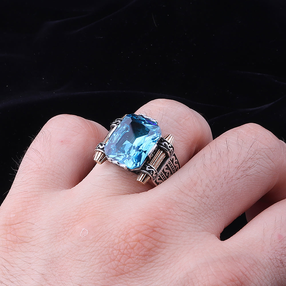 Aqua Taşlı 925 Ayar Gümüş Erkek Yüzük