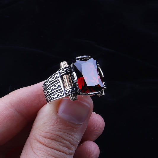 Kırmızı Zirkon Taşlı 925 Ayar Gümüş Erkek Yüzük