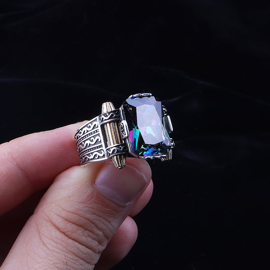 Mistik Topaz Taşlı 925 Ayar Gümüş Erkek Yüzük
