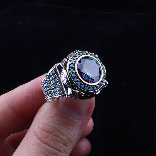 Mikro Taş İşleme Mistik Topaz Taşlı 925 Ayar Erkek Gümüş Yüzük