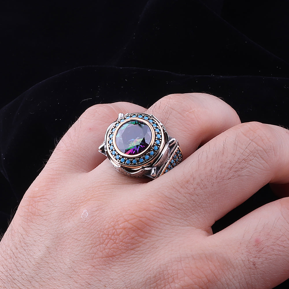 Mikro Taş İşleme Mistik Topaz Taşlı 925 Ayar Erkek Gümüş Yüzük