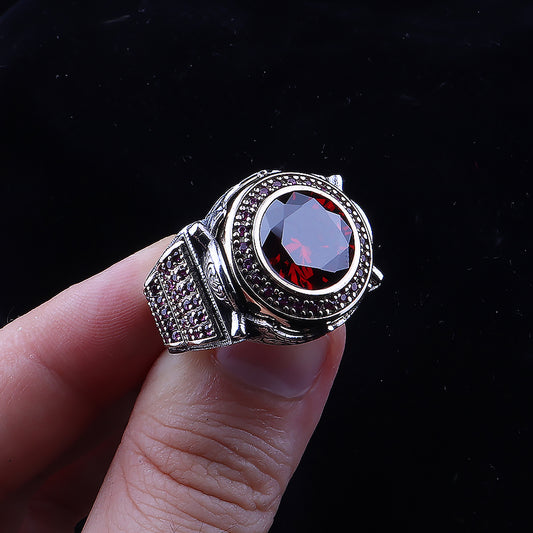 Mikro Taş İşleme Kırmızı Zirkon Taşlı 925 Ayar Erkek Gümüş Yüzük