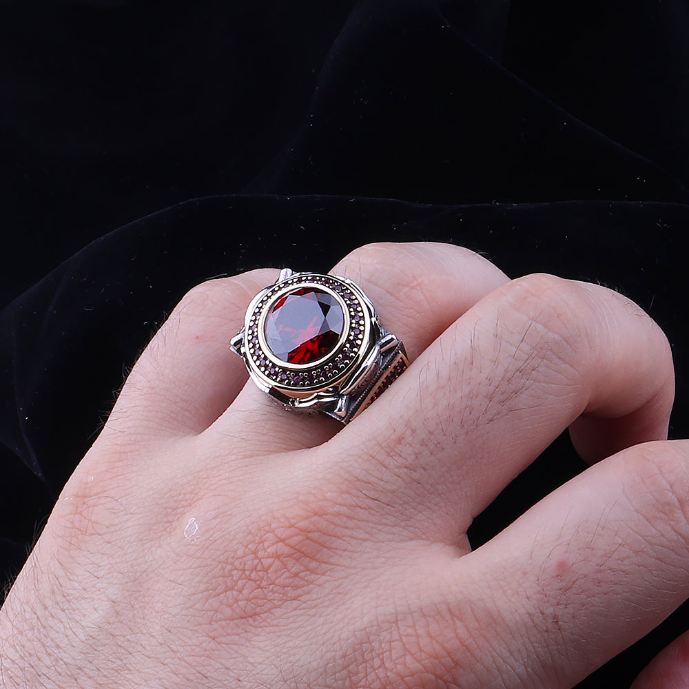 Mikro Taş İşleme Kırmızı Zirkon Taşlı 925 Ayar Erkek Gümüş Yüzük