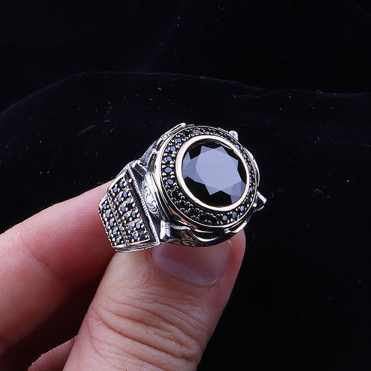 Mikro Taş İşleme Siyah Zirkon Taşlı 925 Ayar Erkek Gümüş Yüzük