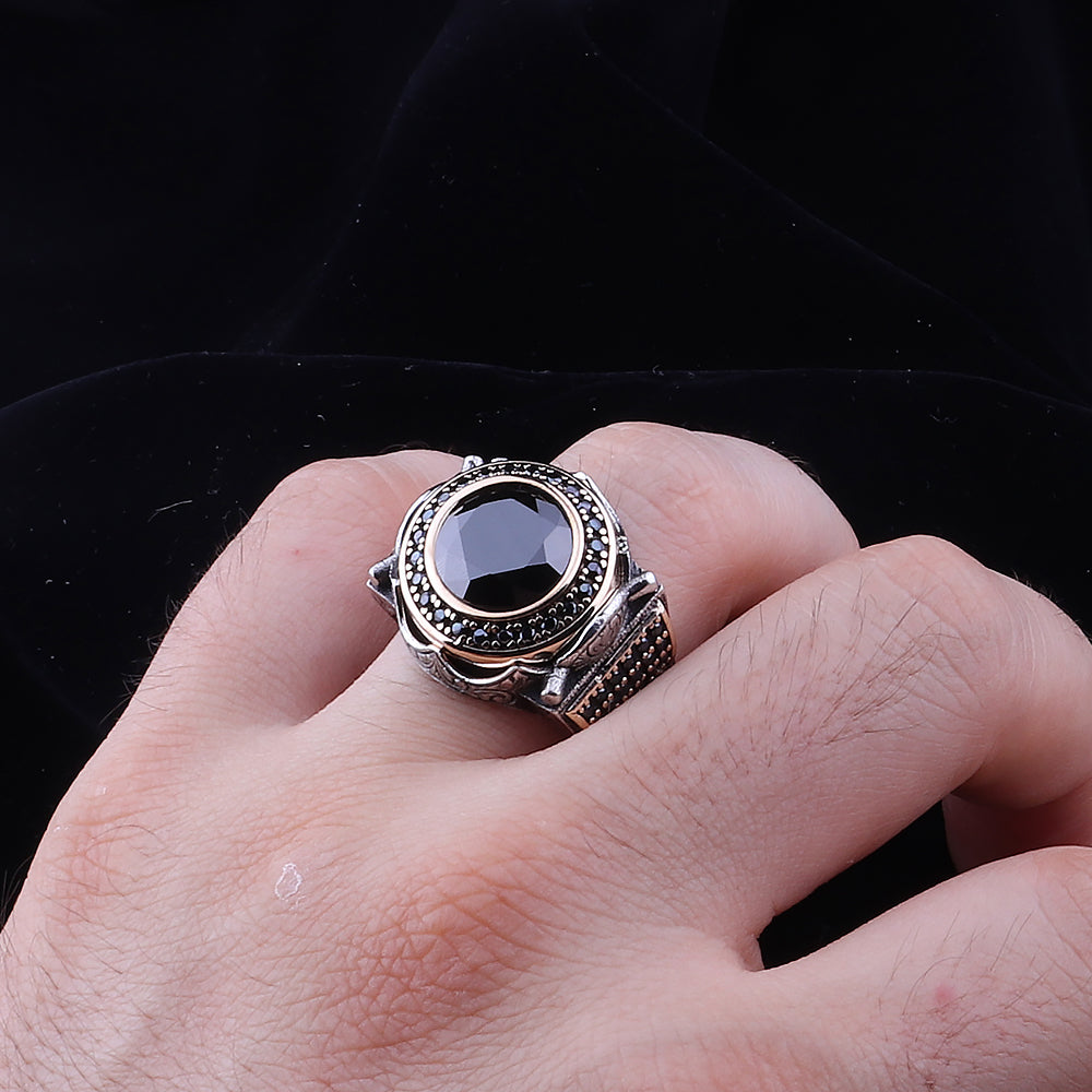 Mikro Taş İşleme Siyah Zirkon Taşlı 925 Ayar Erkek Gümüş Yüzük