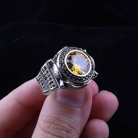 Mikro Taş İşleme Sitrin Taşlı 925 Ayar Erkek Gümüş Yüzük