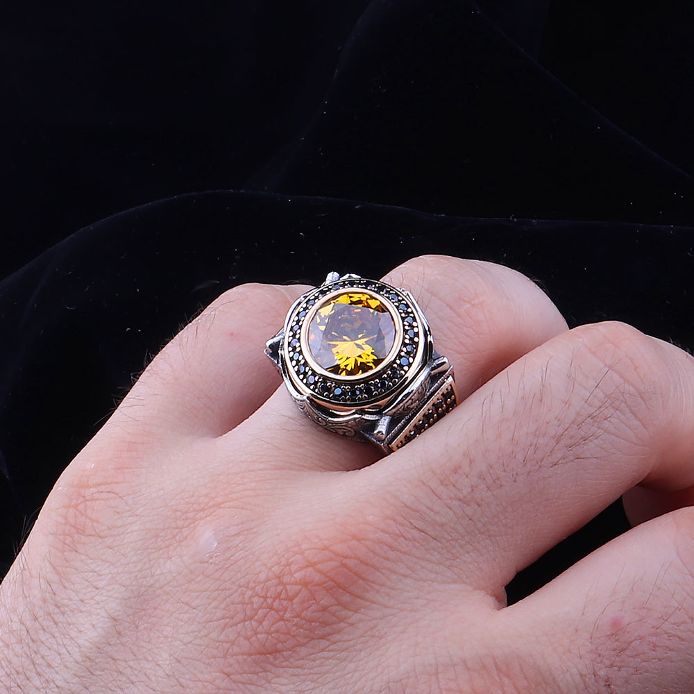 Mikro Taş İşleme Sitrin Taşlı 925 Ayar Erkek Gümüş Yüzük