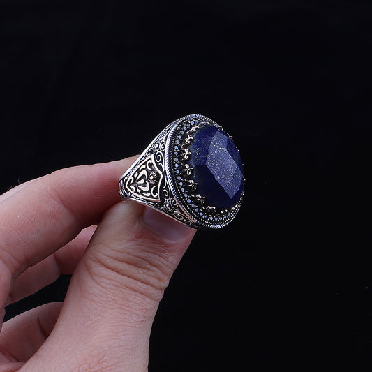 Doğal Lapis Taşlı 925 Ayar Erkek Gümüş Yüzük