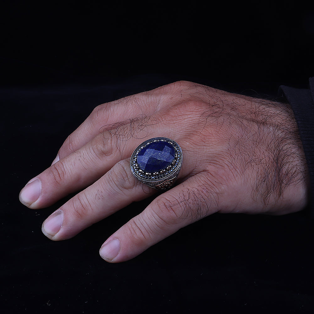 Doğal Lapis Taşlı 925 Ayar Erkek Gümüş Yüzük
