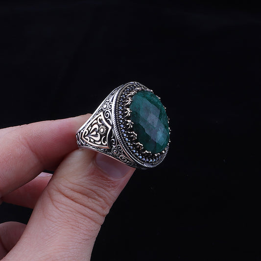 Doğal Zümrüt Taşlı 925 Ayar Erkek Gümüş Yüzük