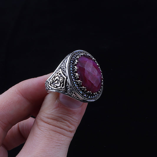 Doğal Yakut Taşlı 925 Ayar Erkek Gümüş Yüzük