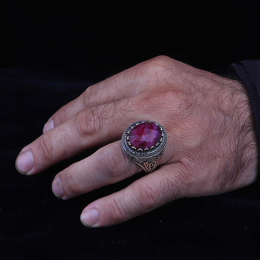 Doğal Yakut Taşlı 925 Ayar Erkek Gümüş Yüzük