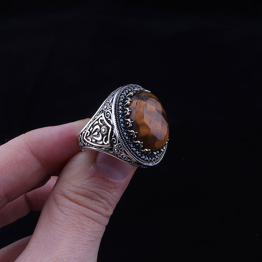 Doğal Kaplan Gözü Taşlı 925 Ayar Erkek Gümüş Yüzük