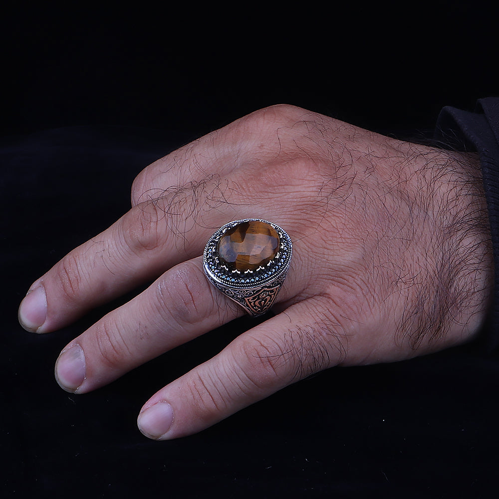 Doğal Kaplan Gözü Taşlı 925 Ayar Erkek Gümüş Yüzük