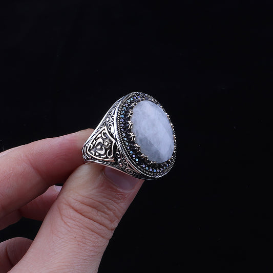 Doğal Ay Taşlı 925 Ayar Erkek Gümüş Yüzük